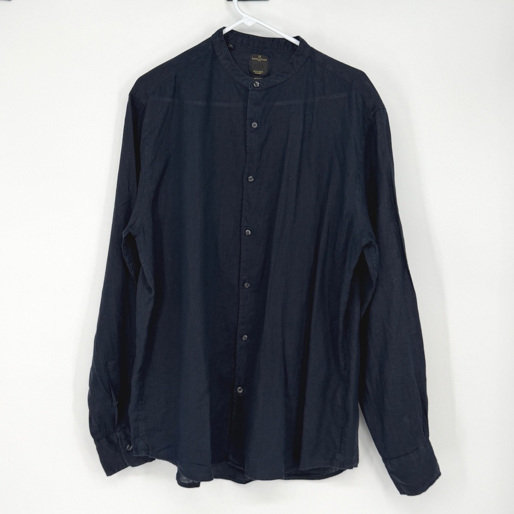 Doppelgänger Roma Boutique Navy Blue 100% Linen Band Collar‎ Shirt XL